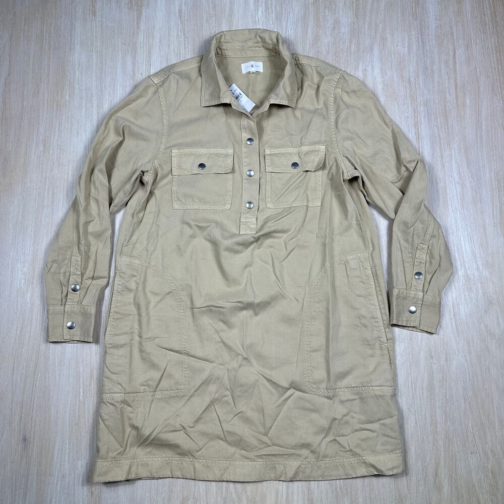NWT Lou & Grey Utility Shirt Dress Beige Tencel Cotton Snap Button Pocket Medium
